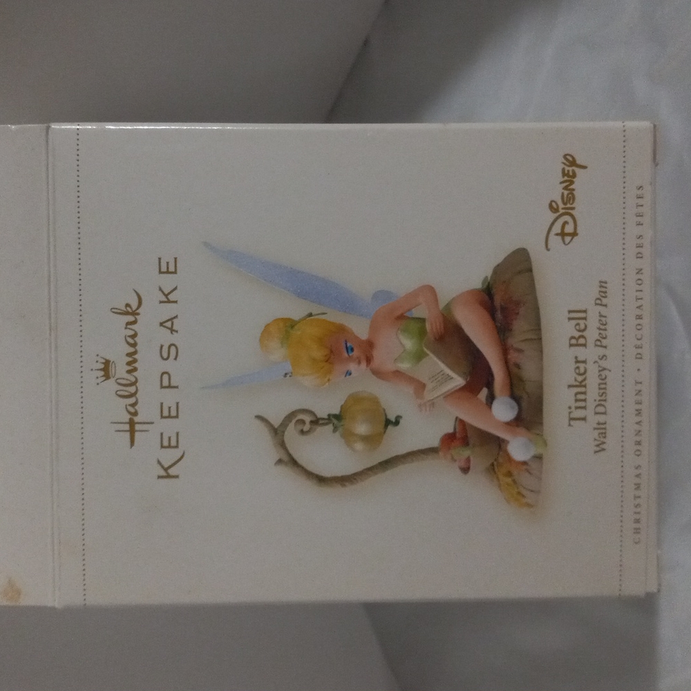 Tinkerbell ornament sitting on a rock reading